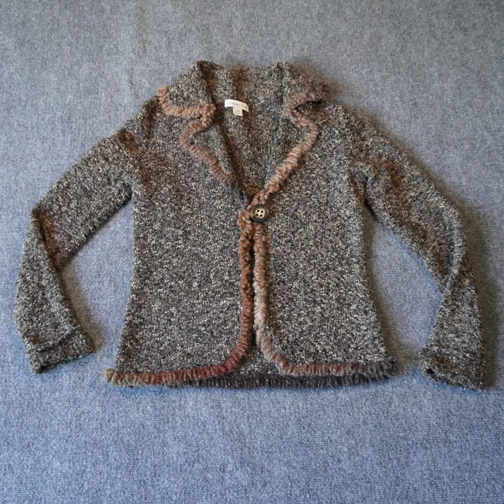 Coldwater Creek Womens Small Tweed Knit Cardigan‎ Faux Fur Trim Button Front